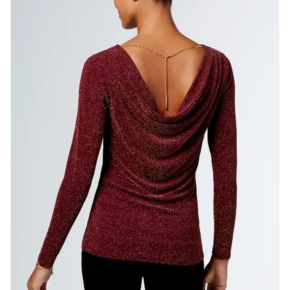New MICHAEL Michael Kors Metallic Merlot Chain Cowl Back Blouse